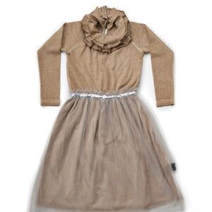 Elegant Tan Long Sleeve Dress with Tulle Skirt